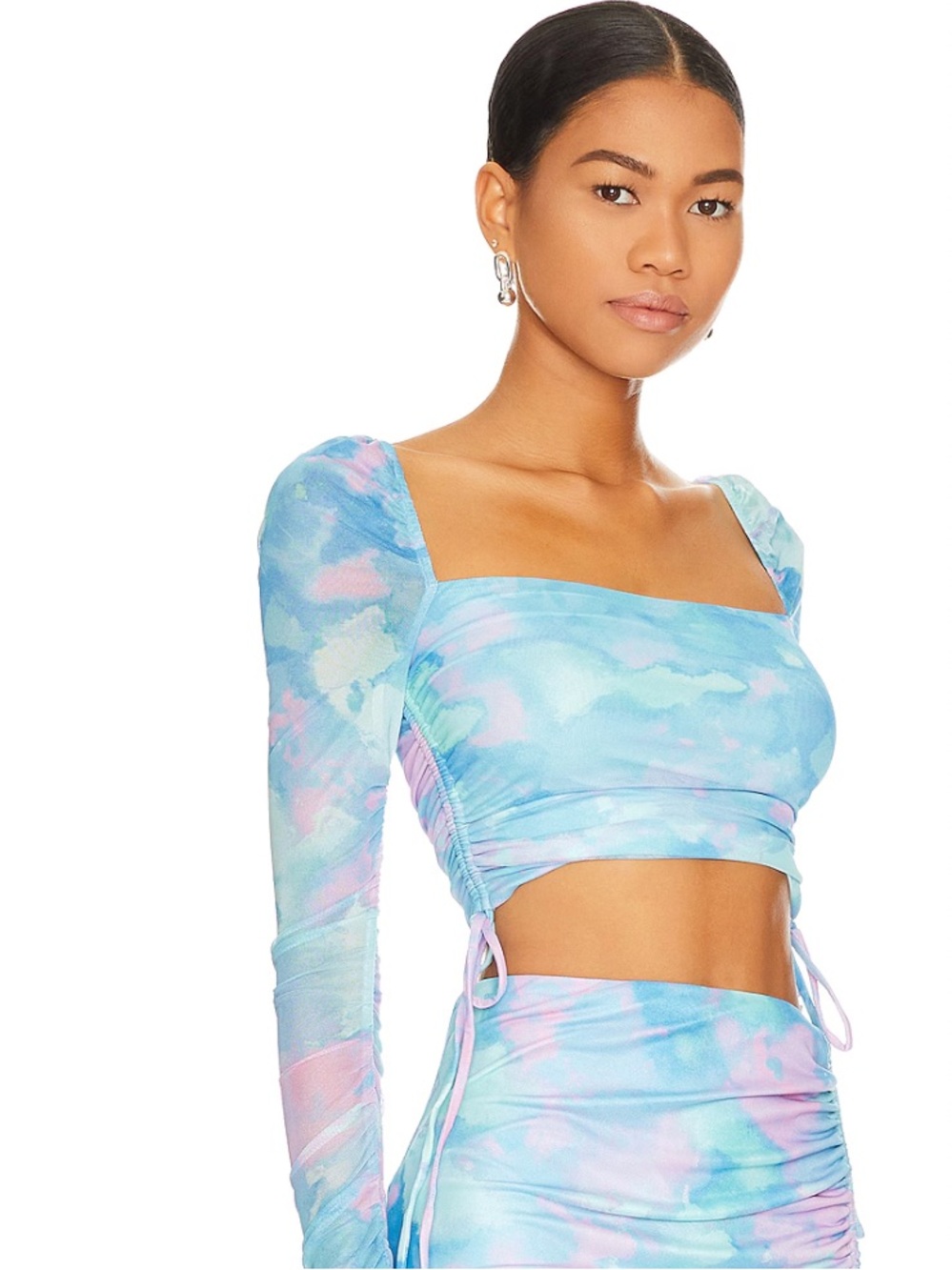 MAJORELLE Dorothea Pastel Tie-Dye Square Neck Long Sleeve Crop Top - Blue & Pink
